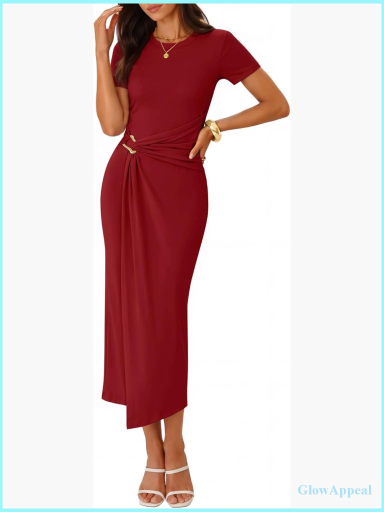 Short Sleeve Bodycon Midi Dress Crewneck Ruched Wedding Guest Cocktail Party